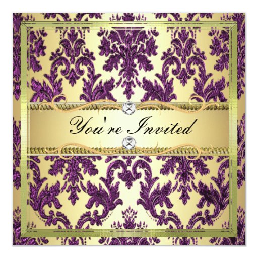 p1 elegant gold purple damask invite template zazzle damask invite template