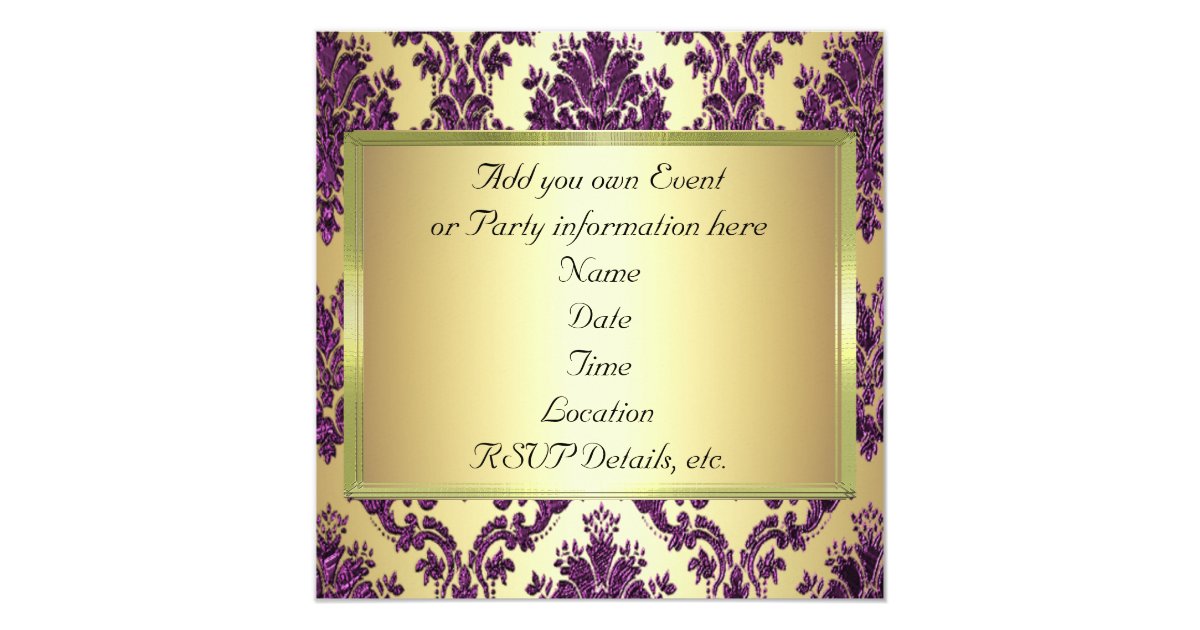 p1 elegant gold purple damask invite template zazzle damask invite template