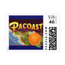 Pacoast Oranges, Vintage Fruit Crate Label Art Postage Stamp