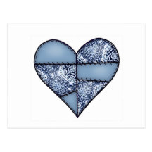 Padded Quilted Stitched Heart  Blue Postcards