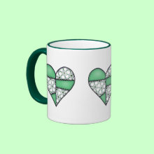 Padded Quilted Stitched Heart Green Mug - Patchwork padded and quilted heart in fabric patterns mixed with plain colors. All artwork is copyright Jean Hall ... ArtbyJean.