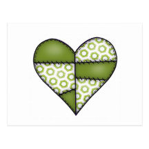 Padded Quilted Stitched Heart  Green Post Cards