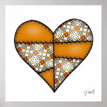 Padded Quilted Stitched Heart Orange-06 Poster