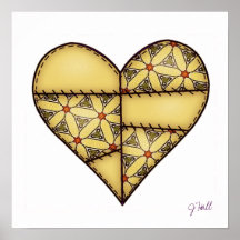 Padded Quilted Stitched Heart Yellow-01 Posters