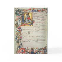 Page of musical notation with a historiated cards