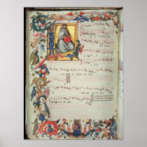 Page of musical notation with a historiated posters