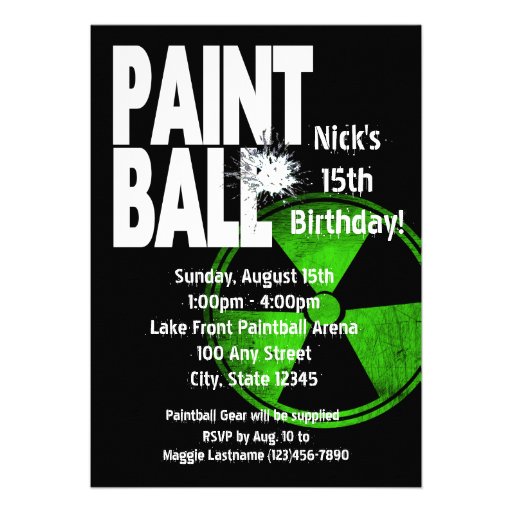 Paintball Radio Active Birthday Personalized Announcement (front side)