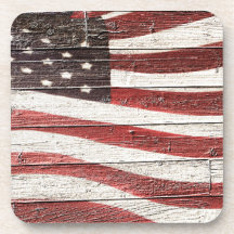 Painted American Flag on Rustic Wood Texture Beverage Coaster