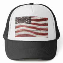 Painted American Flag on Rustic Wood Texture Mesh Hat