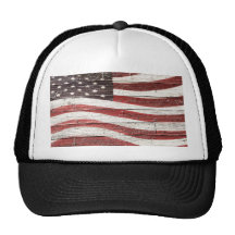 Painted American Flag on Rustic Wood Texture Mesh Hat