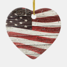 Painted American Flag on Rustic Wood Texture Christmas Tree Ornament