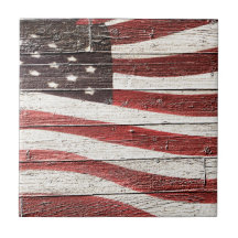 Painted American Flag on Rustic Wood Texture Tile