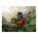 This print titled Painting of a colorful bunting bird painting a picture has a little bird with a painters hat painting a picture with a brush in his beak. It's a classy and colorful print.