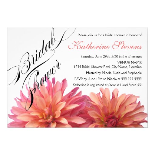 Painted Dahlia in Pink and Coral Bridal Shower Custom Announcement