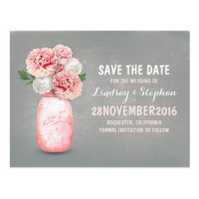 Painted mason jar and pink flowers save the date post cards