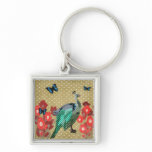 Painted Peacock & Peonies Golden Star Keychain