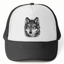 Painted Wolf Grayscale Blue Eyes Mesh Hat