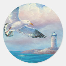 Painting Of A Seagull Flying Near A Lighthouse Sticker