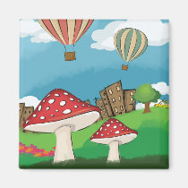 Painting of mushrooms in the park near the city magnets