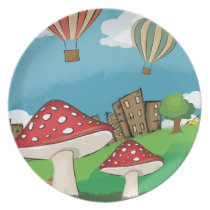 Painting of mushrooms in the park near the city plates