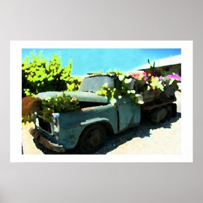 Painting Of Old time Pickup Truck Flower Planter I Print by MIGRAINE