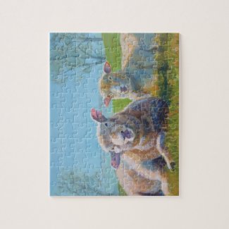 Painting:Two cute sheep lying down looking comical puzzle