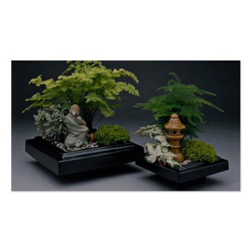Pair of bonsai trees with ornamental figures business cards (back side)