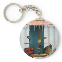 Pair of Cardinals at Icy BirdFeeder Key Chain