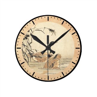 Pair of Geese with Camellias vintage japanese art Round Wallclock