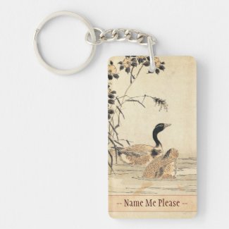 Pair of Geese with Camellias vintage japanese art Acrylic Key Chain