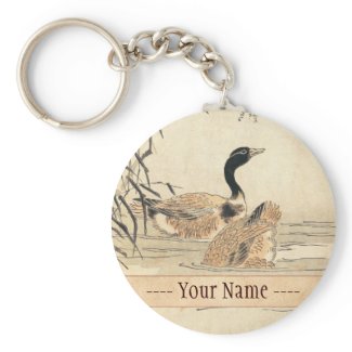 Pair of Geese with Camellias vintage japanese art Keychains