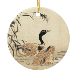 Pair of Geese with Camellias vintage japanese art Christmas Ornament