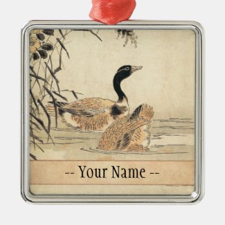 Pair of Geese with Camellias vintage japanese art Christmas Ornament