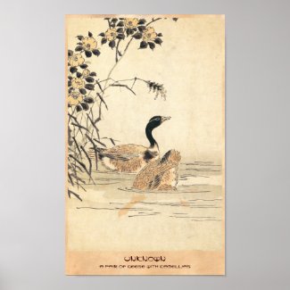 Pair of Geese with Camellias vintage japanese art Print