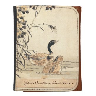 Pair of Geese with Camellias vintage japanese art Leather Trifold Wallets