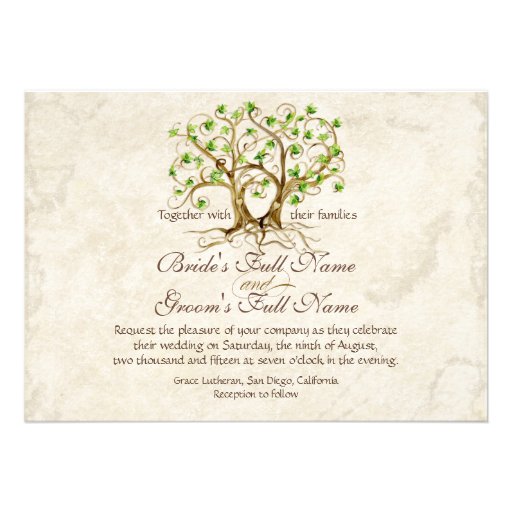 Pair of Swirl Tree Roots Antiqued Green Parchment Custom Announcements