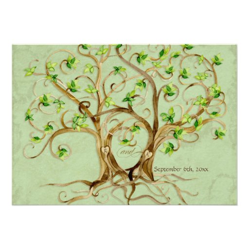 Pair of Swirl Tree Roots Antiqued Green Parchment Custom Announcements
