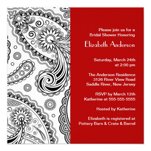Paisley Bridal Shower Invitation Black & Red