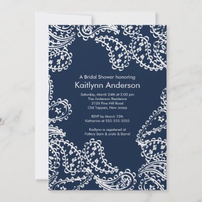 Paisley Bridal Shower Invitation White & Navy Blue