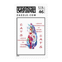 Paisley Cat in Blue & Purple Postage Stamp