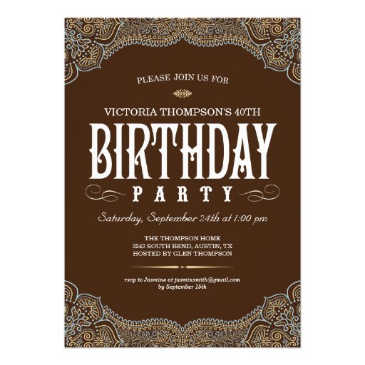 Paisley Dark Brown Birthday Party Invitations