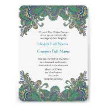Paisley Peacock Colors Damask Wedding Invitation