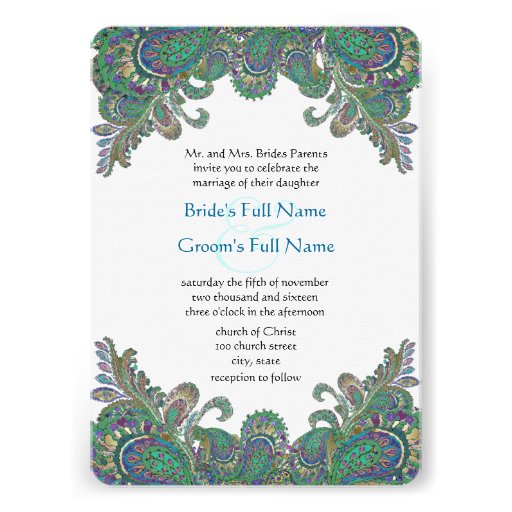 Paisley Peacock Colors Damask Wedding Invitation