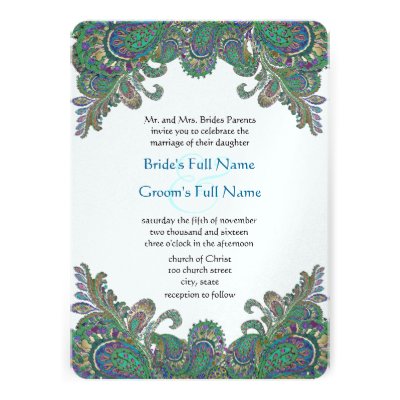 Paisley Peacock Colors Damask Wedding Invitation