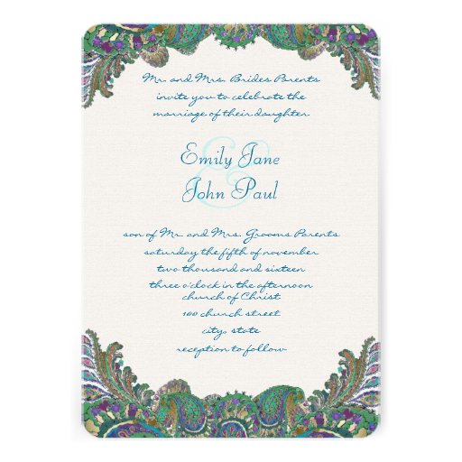 Paisley Peacock Colors Wedding Invitations