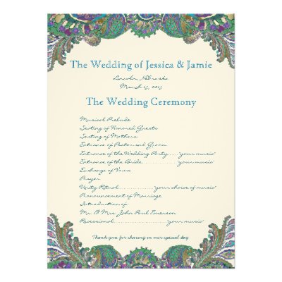 Paisley Peacock Colors Wedding Program Custom Announcement