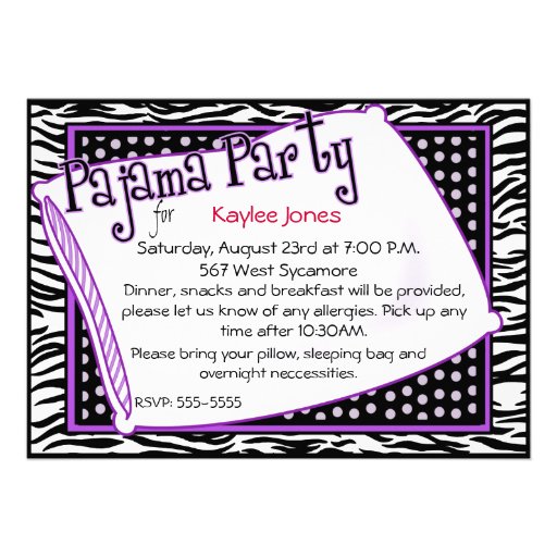 Pajama Party In Black and Purple Personalized Invitations (front side)