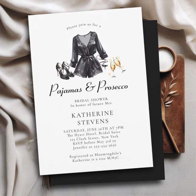 Pajamas Prosecco PJ Black Lingerie Bridal Shower Invitation Zazzle