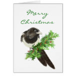 Pájaro de la urraca de la acuarela del navidad en  tarjetón