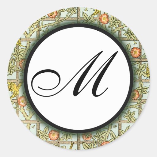 Pájaros de William Morris y pegatina con monograma
